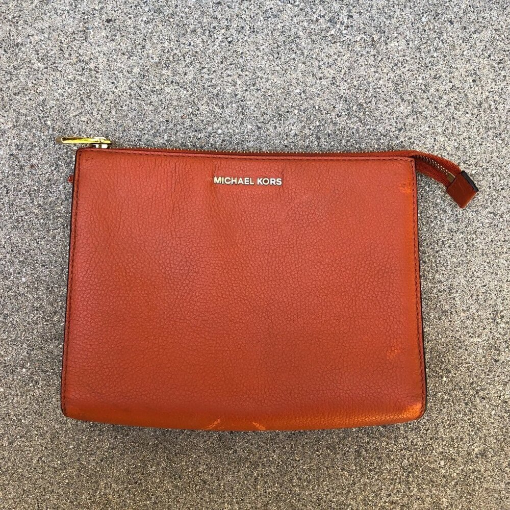 MICHAEL KORS Jet Set Clutch Purse Women's Orange Leather Zipper Bag Pouch​​​